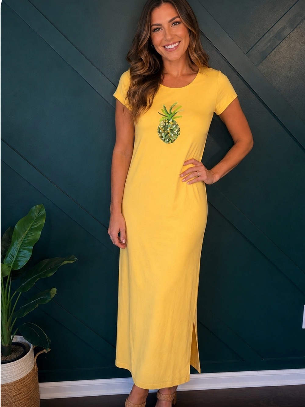 Y2K Yellow Maxi Dress wPineapple Graphic Casual Summer Dress Coastal Gradmom